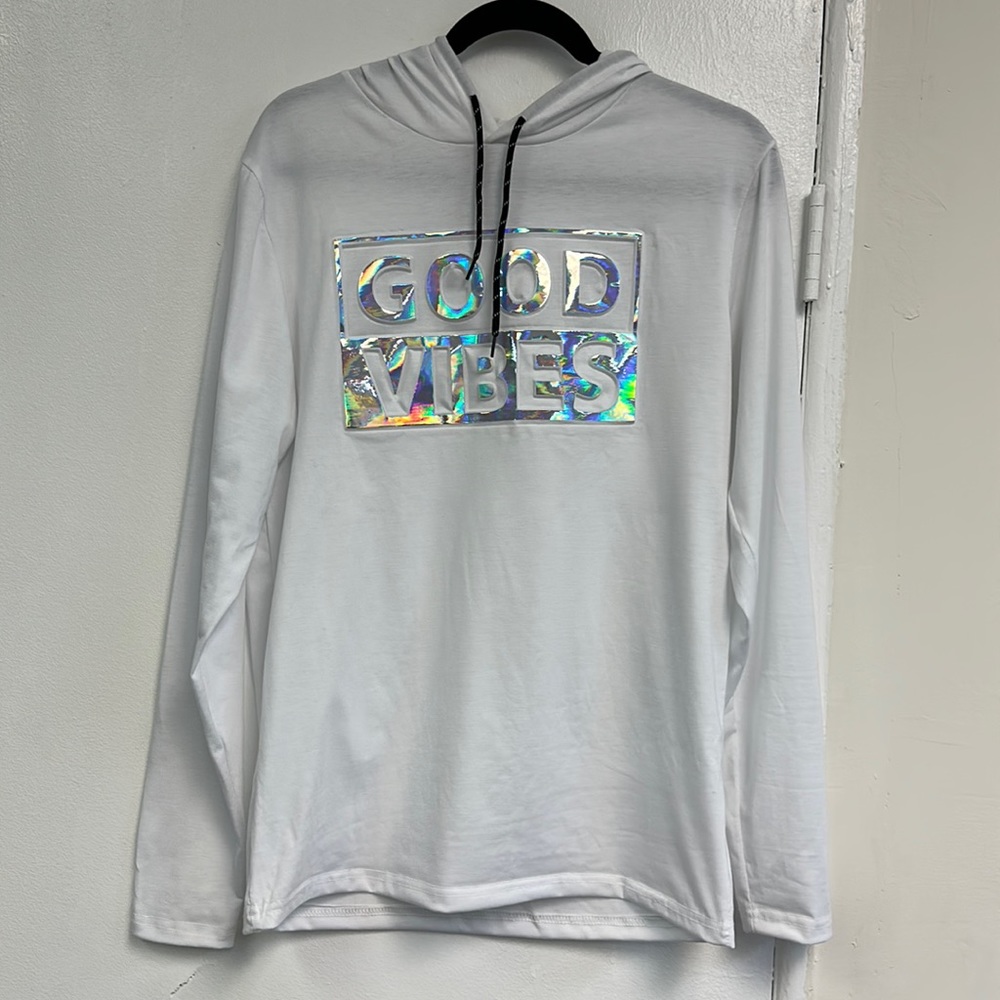 Brooklyn Laundry Premium white hoodie size small GOOD VIBES in excellent